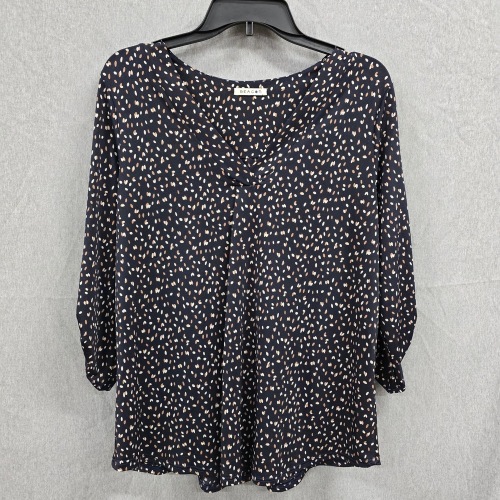 Beacon Women Navy Blue Abstract Dot V-Neck Roll-Tab Sleeve Blouse Top Medium